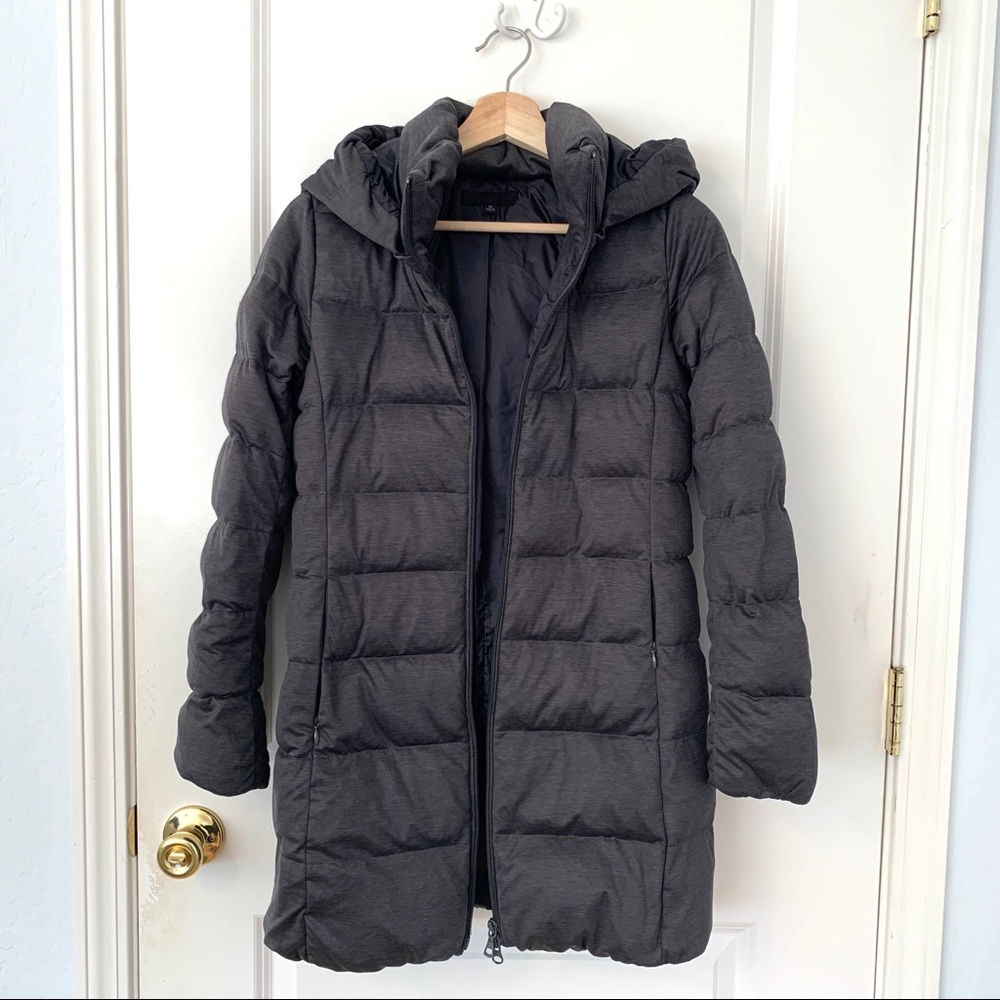Uniqlo Heather Gray Long Hooded Down Puffer Coat